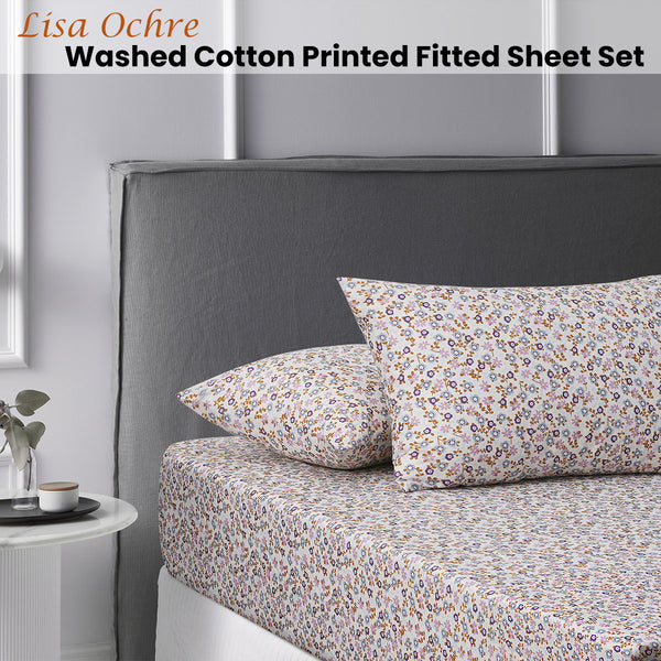 Accessorize Lisa Floral Ochre Washed Cotton Printed Fitted Sheet Set King