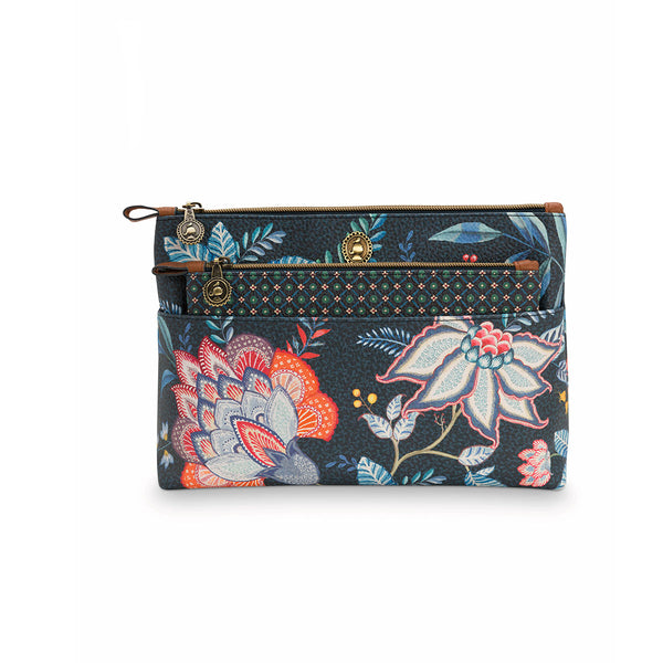 PIP Studio Combi Flower Festival Dark Blue Travel Cosmetic Makeup Bag Pouch