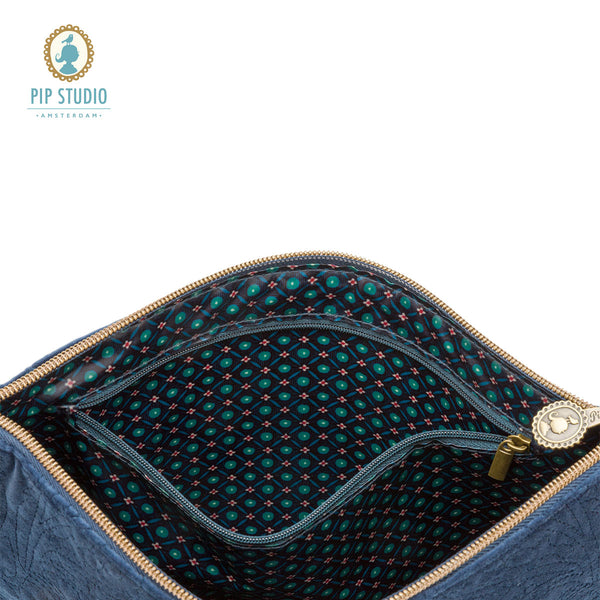 PIP Studio Velvet Quilted Dark Blue Large Travel Cosmetic Makeup Pouch