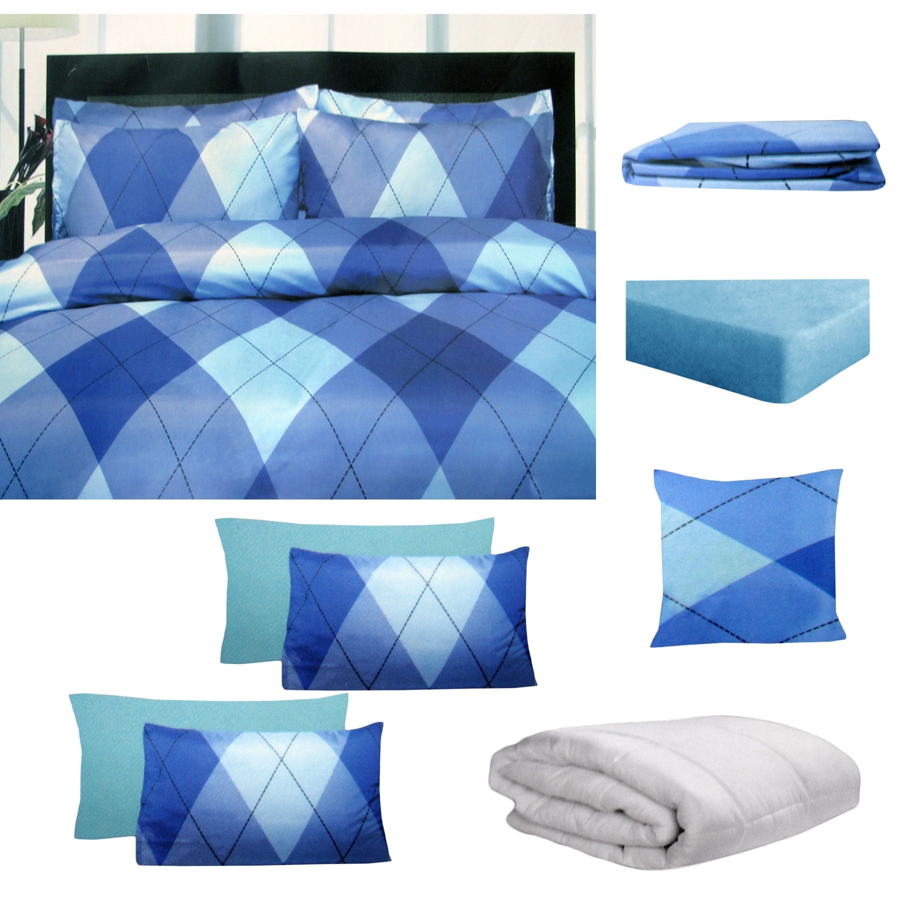 Big Sleep 8 Piece Bed in a Bag Set Argyles Quilt Cover Sheet Cushion Blue King