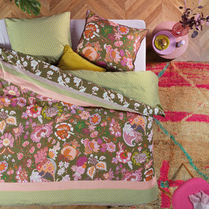 Oilily Amelie Sits Floral Green Cotton Sateen Quilt Doona Duvet Cover Set Queen