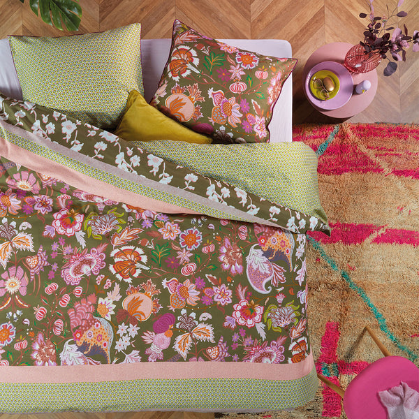 Oilily Amelie Sits Floral Green Cotton Sateen Quilt Doona Duvet Cover Set Queen