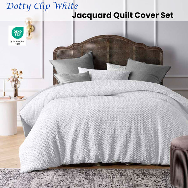 Accessorize Dotty Clip Jacquard Quilt Doona Duvet Cover Set White Queen
