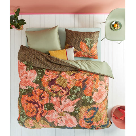 Oilily Embroidered Look Flower Brown Pink Quilt Doona Duvet Cover Set Queen