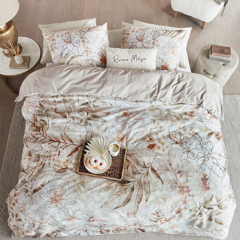 Riviera Maison Everlasting Floral Brown Cotton Quilt Doona Duvet Cover Queen