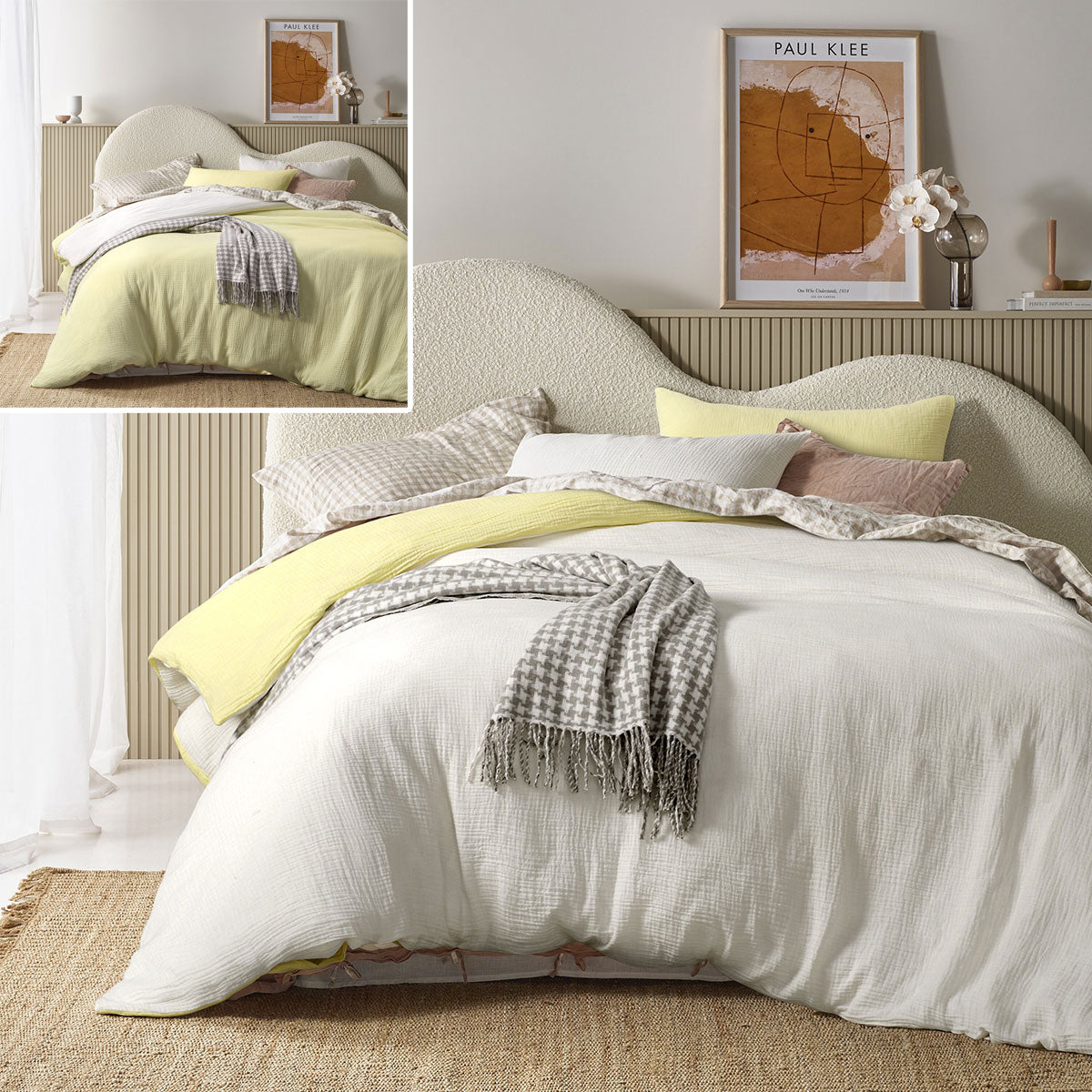Vintage Design Homewares Hugo Reversible White Butter Quilt Cover Set Queen