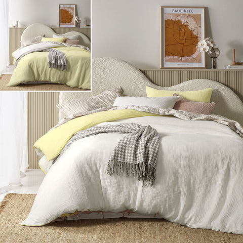 Vintage Design Homewares Hugo Reversible White Butter Quilt Cover Set Queen
