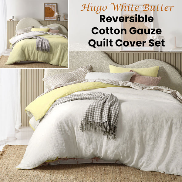 Vintage Design Homewares Hugo Reversible White Butter Quilt Cover Set Super King