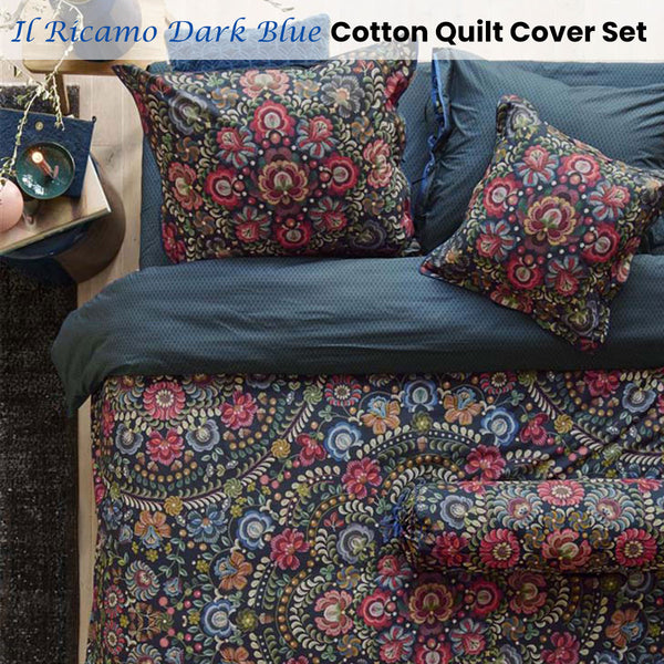 PIP Studio Il Ricamo Floral Dark Blue Cotton Quilt Doona Duvet Cover Set Queen