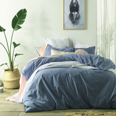 Accessorize Stonewashed Linen Cotton Quilt Doona Duvet Cover Set Blue Queen