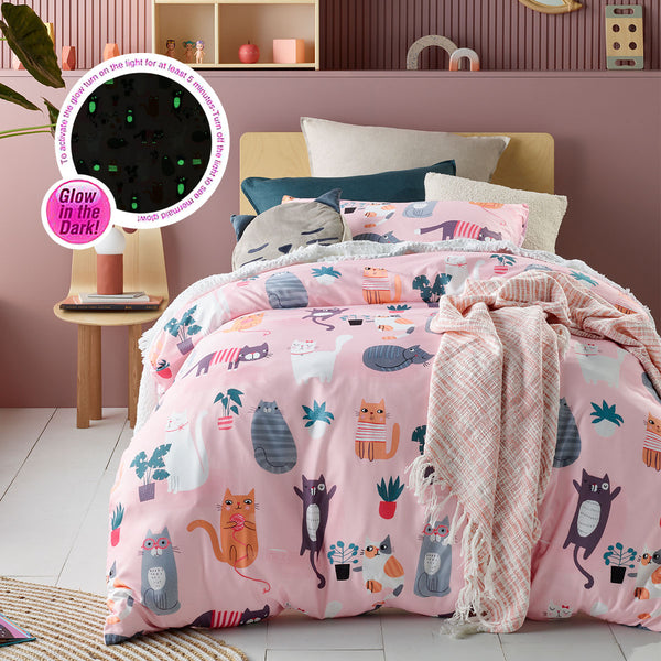 Happy Kids Miaow Cats Glow in the Dark Quilt Doona Duvet Cover Set Single