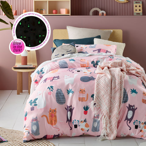 Happy Kids Miaow Cats Glow in the Dark Quilt Doona Duvet Cover Set Single