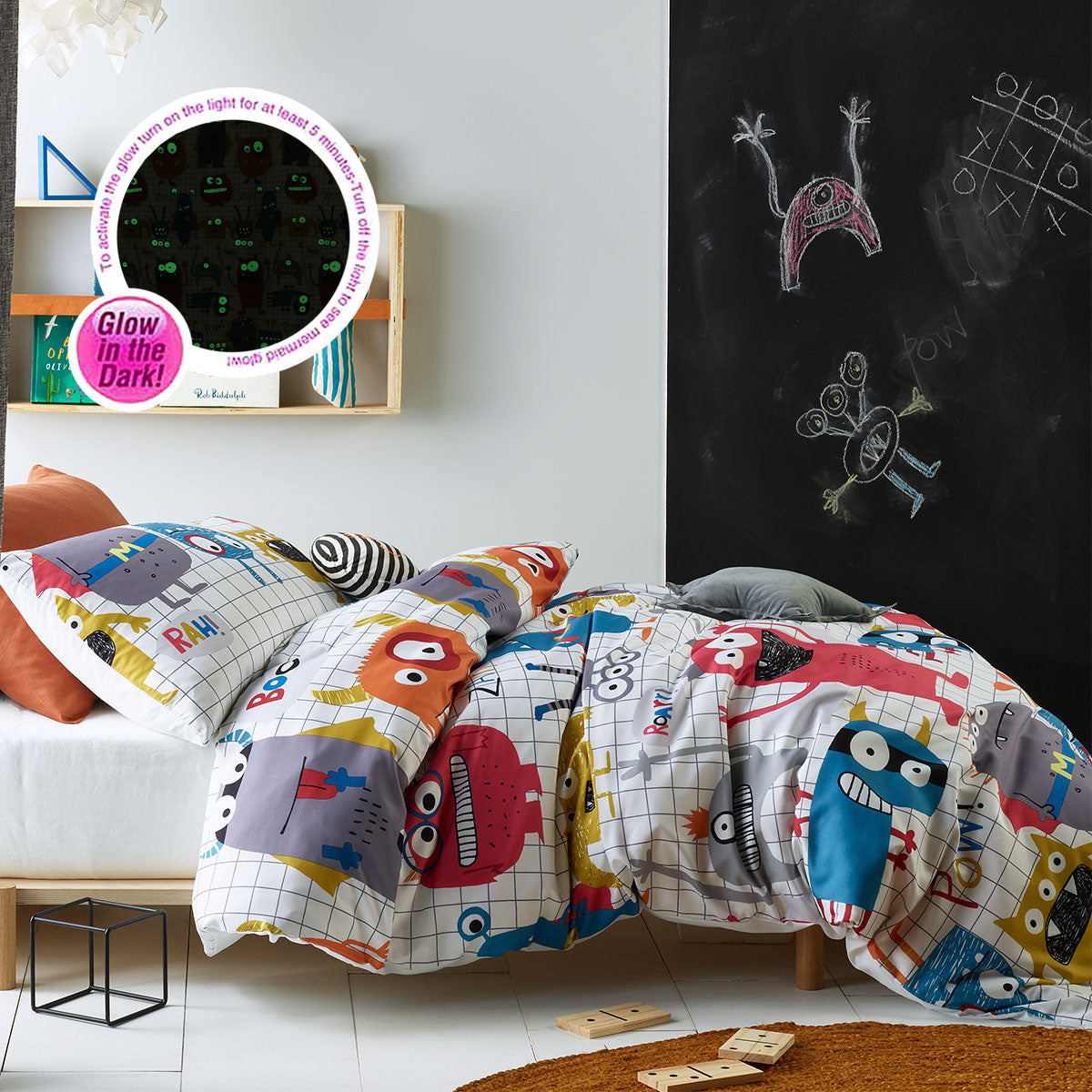 Happy Kids Monster Squad Glow in the Dark Quilt Doona Duvet Cover Set Single