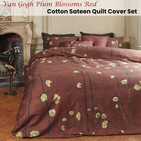 Bedding House Van Gogh Plum Blossoms Red Cotton Sateen Quilt Cover Queen