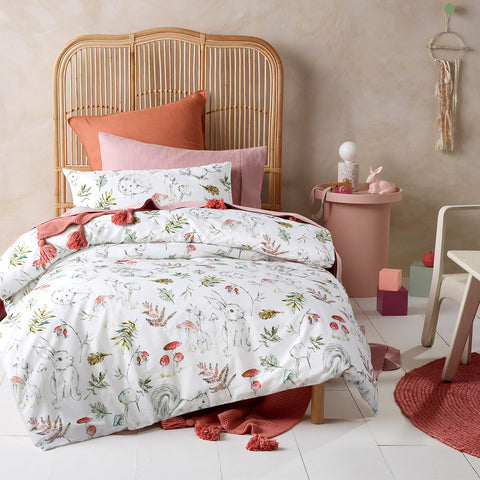 Happy Kids Story Time Rabbit Squirrel White Cotton Quilt Cover Set Single