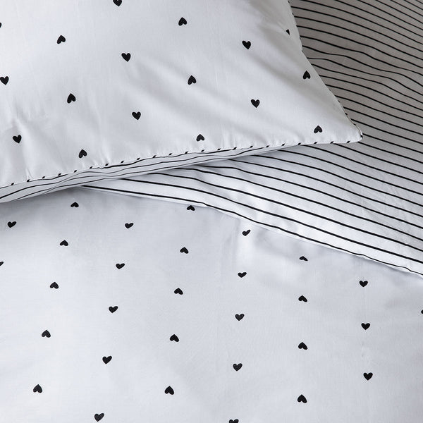 VTWonen Striped Hearts Black White Cotton Quilt Doona Duvet Cover Set Queen