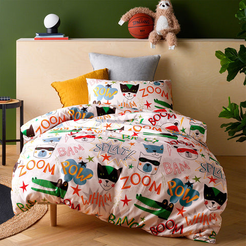 Happy Kids Glow in the Dark Animal Superhero Quilt Cover Set Single