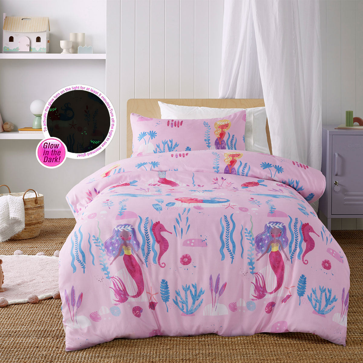 Happy Kids Glow in the Dark Under the Sea Mermaid Quilt Cover Set Double