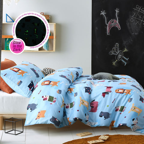 Happy Kids Woof Dogs Puppies Glow in the Dark Quilt Doona Duvet Cover Double