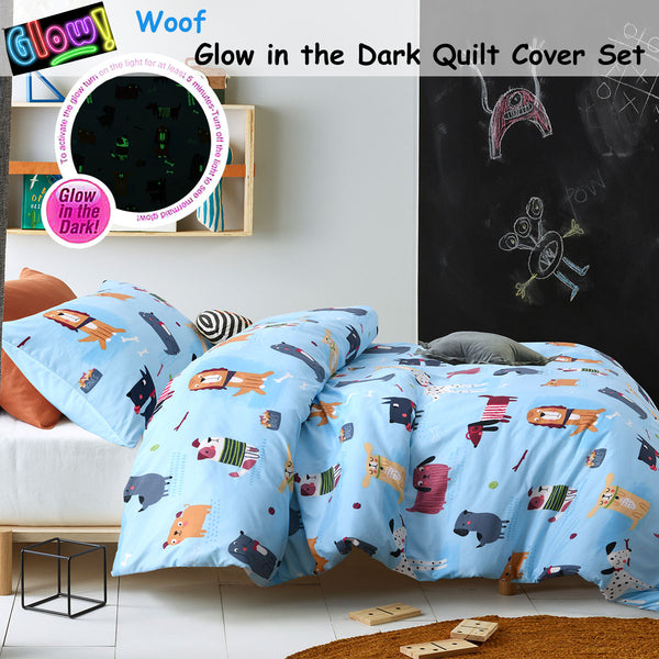 Happy Kids Woof Dogs Puppies Glow in the Dark Quilt Doona Duvet Cover Double