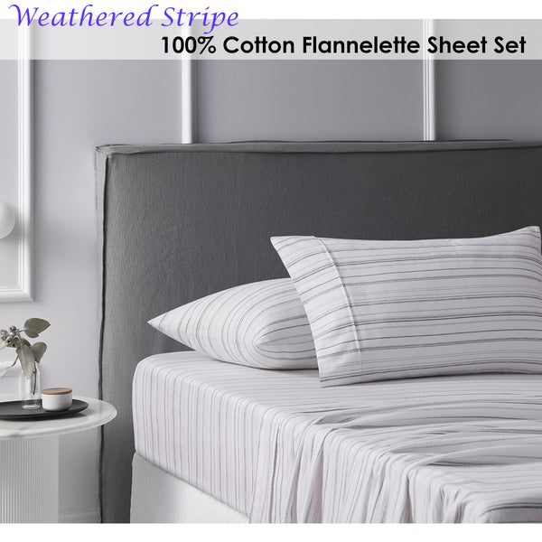Accessorize 140gsm Cotton Flannelette Sheet Set Weathered Stripe Grey Single
