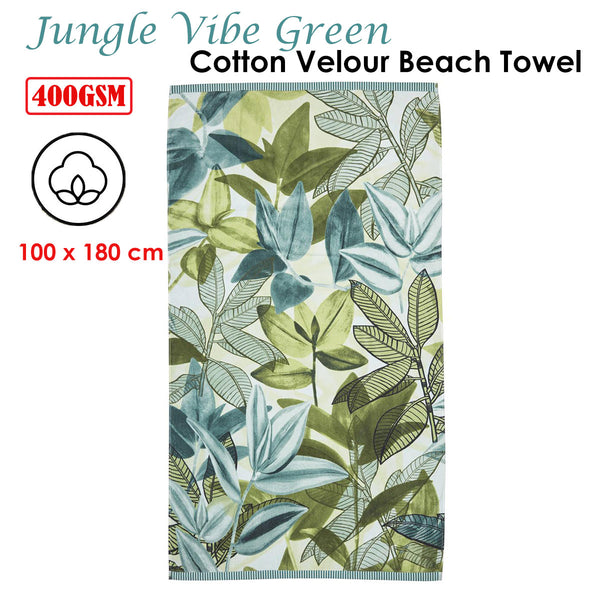 Bedding House Jungle Vibe Leaf Green Cotton Velour Beach Towel