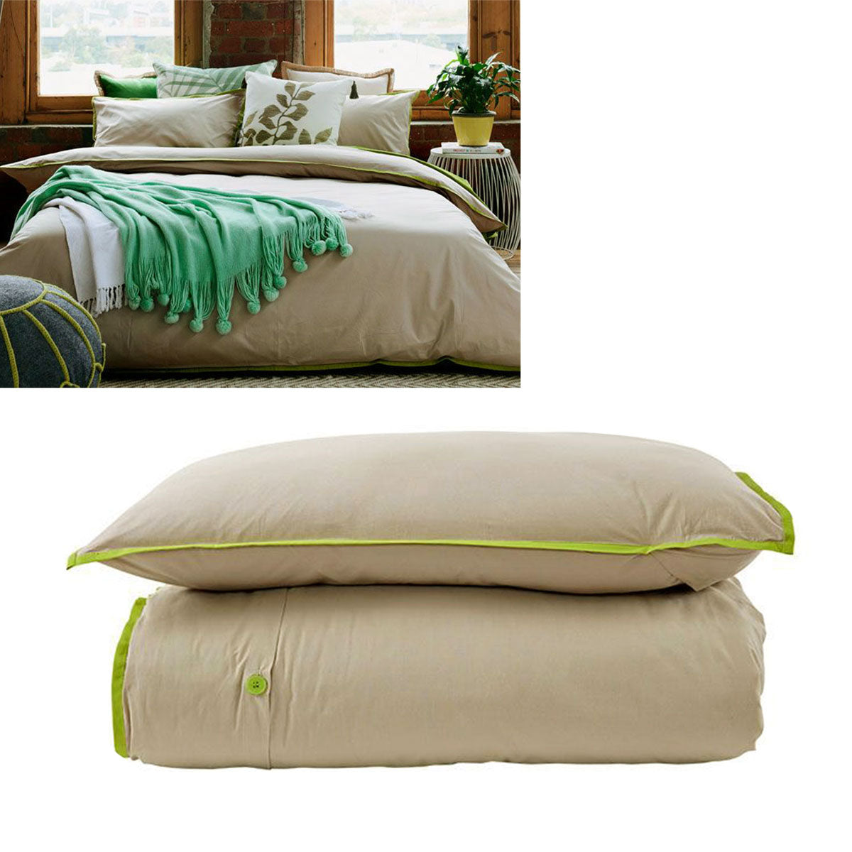 Jane Barrington Cotton Quilt Doona Duvet Cover Set Taupe Green Single