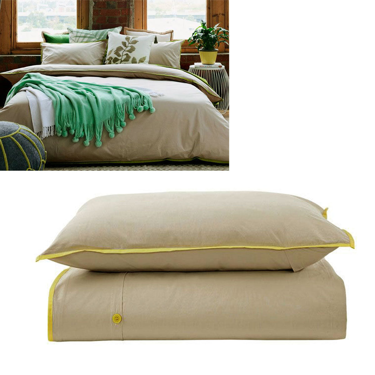 Jane Barrington Cotton Quilt Doona Duvet Cover Set Taupe Yellow Queen