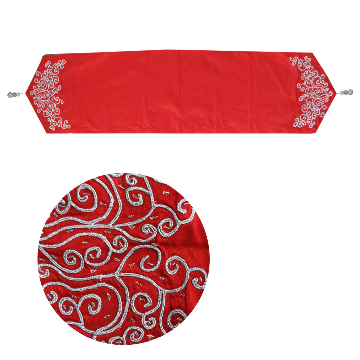 Embroidered Faux Silk Table Runner 33 x 135cm Eve Red Silver