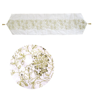 Embroidered Faux Silk Table Runner 33 x 135cm Fleur White Gold