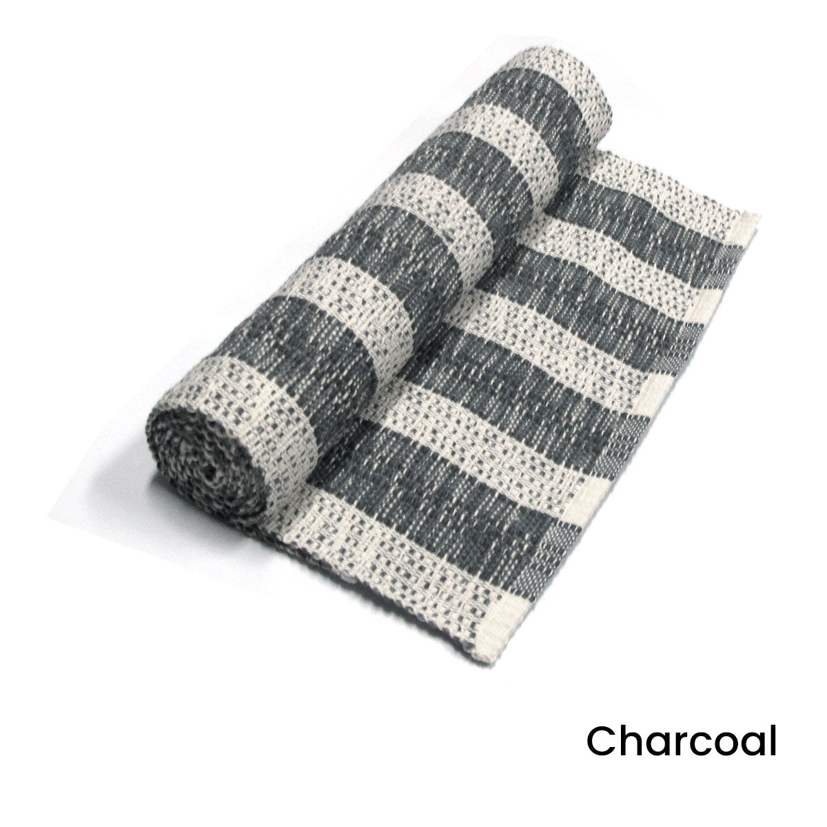 Noah Stripe Cotton Ribbed Table Runner 33 x 150cm Charcoal Grey Cream