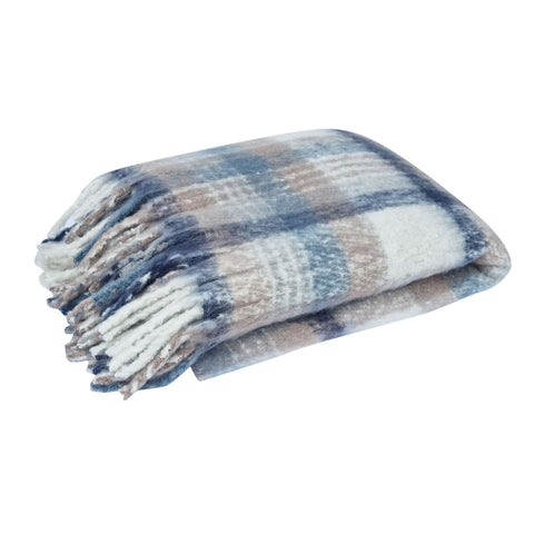 J Elliot Home Aiden Checked Faux Mohair Throw Rug Blanket 130 x 160cm Blue