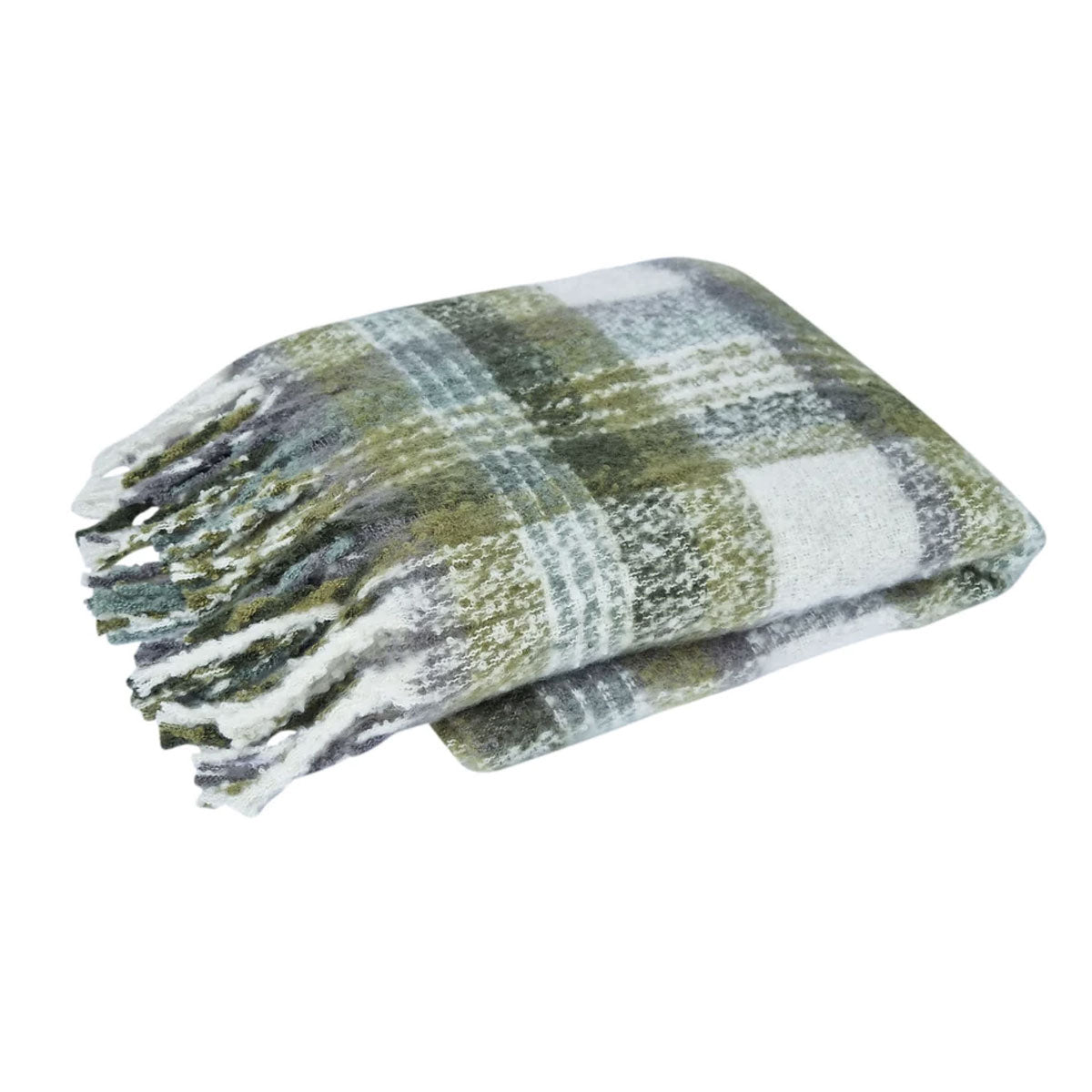 J Elliot Home Aiden Checked Faux Mohair Throw Rug Blanket 130 x 160cm Olive