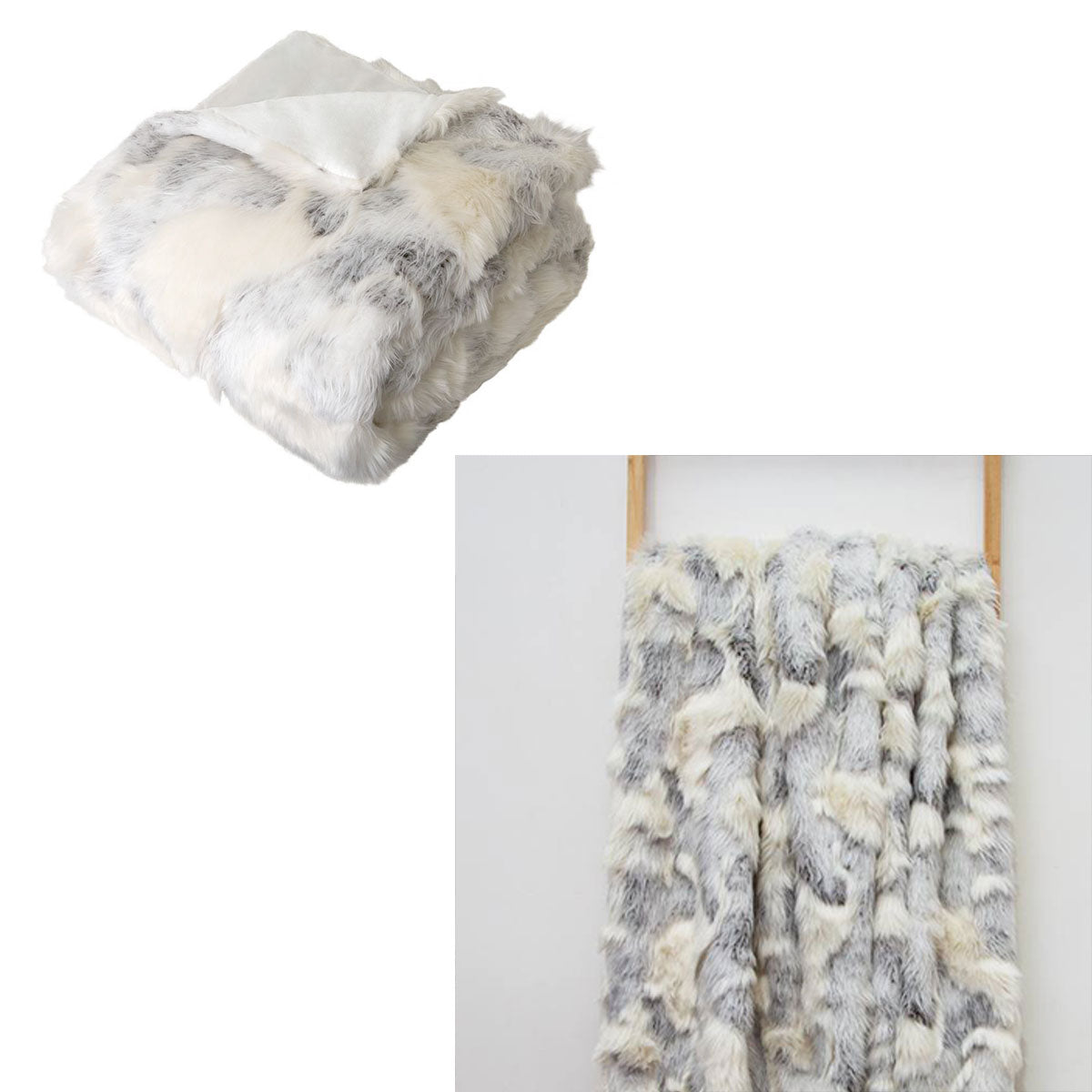 J Elliot Home Cream Grey Arctic Fox Faux Fur Velvet Throw Blanket 130x160cm