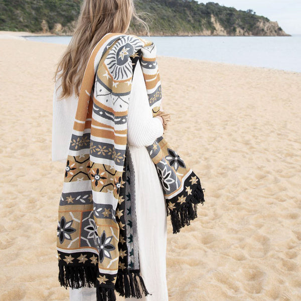 J Elliot Home Kasbah Fringe Throw Blanket Picnic Rug 130 x 160cm Black