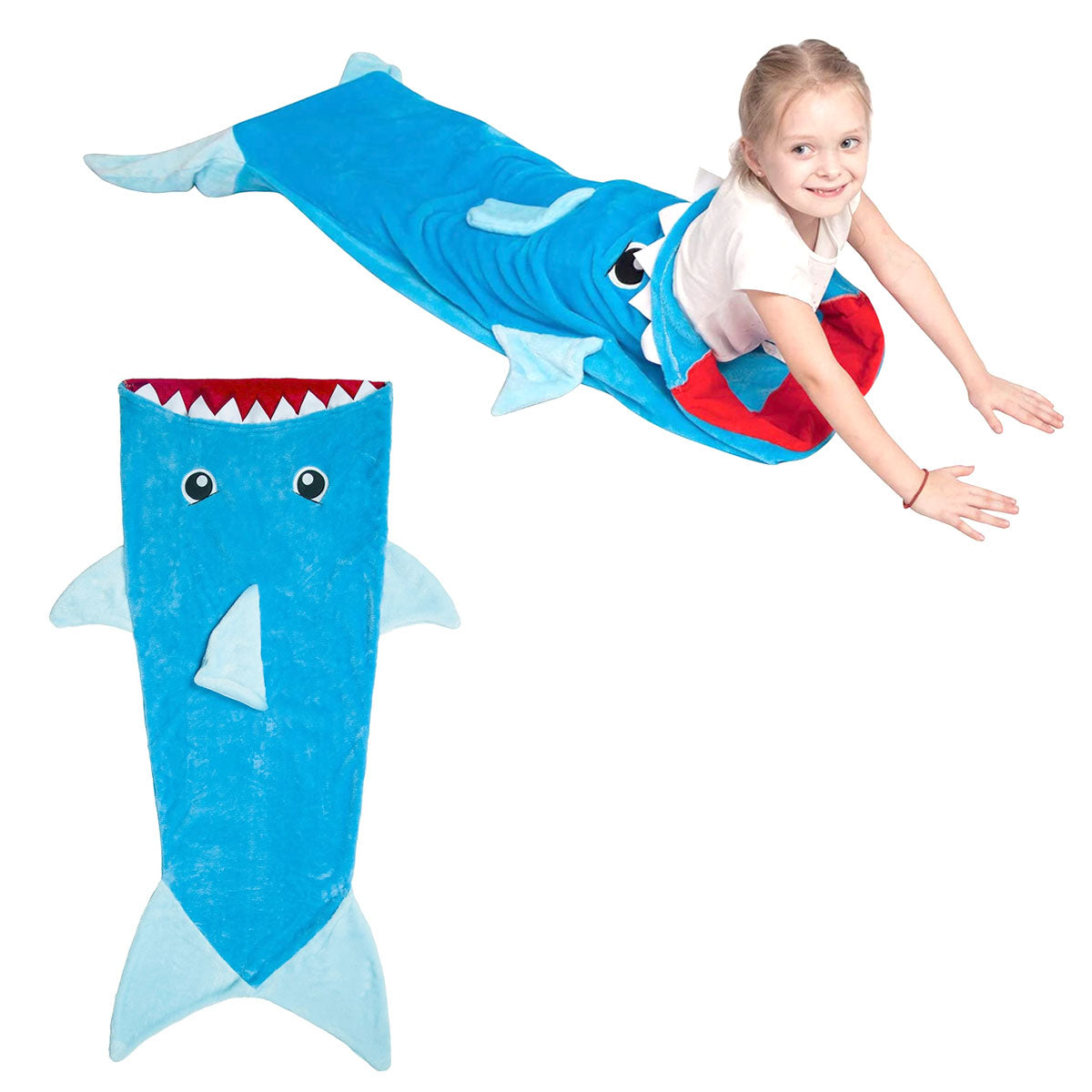 Kids Mermaid Tail Shark Embossed Polyester Fleece Blanket Throw Blue