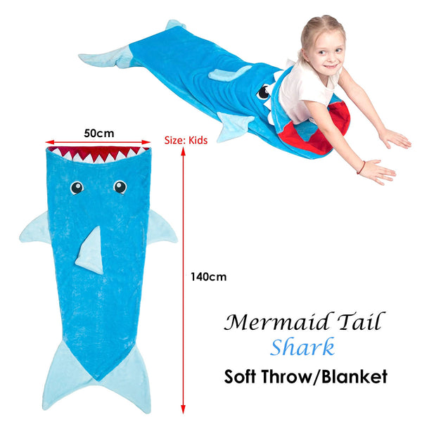 Kids Mermaid Tail Shark Embossed Polyester Fleece Blanket Throw Blue