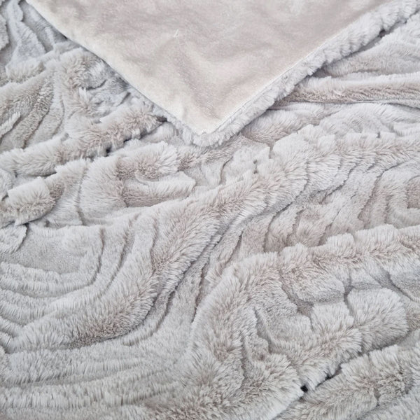 J Elliot Home Rita Wave Embossed Faux Mink Throw Rug Blanket Silver Grey
