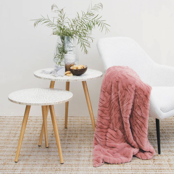 J Elliot Home Rita Wave Embossed Faux Mohair Throw Rug Blanket Dusky Peach