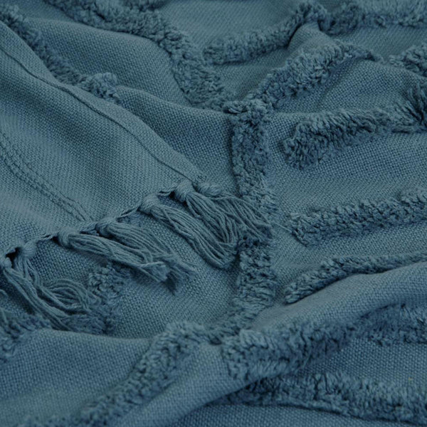 J Elliot Home Zen Ribbed Cotton Fringe Throw Blanket 130 x 160cm Steel Blue