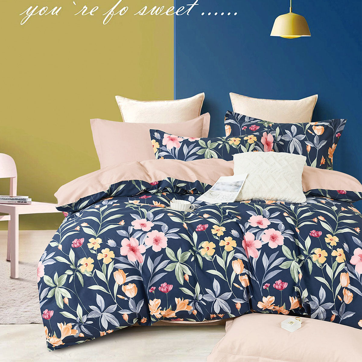 Ardor Ariana Floral Cotton Sateen Quilt Doona Duvet Cover Set Navy King