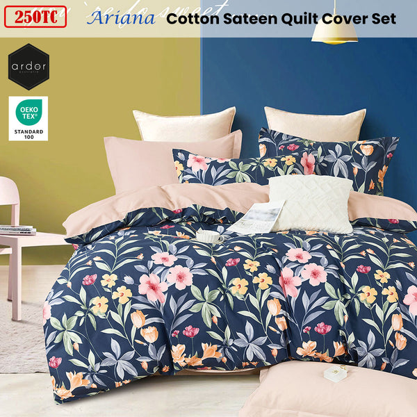Ardor Ariana Floral Cotton Sateen Quilt Doona Duvet Cover Set Navy Queen