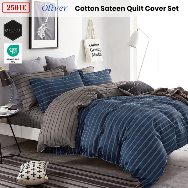 Ardor Oliver Stripes Cotton Sateen Quilt Doona Duvet Cover Set Queen