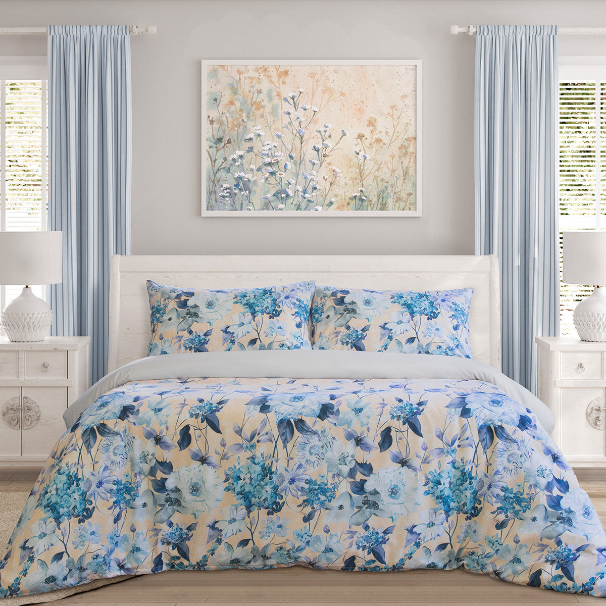 Ardor Peach Blossom Printed Quilt Doona Duvet Cover Set Queen Blue