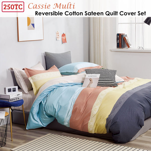 Ardor Cassie Striped 250TC Cotton Sateen Quilt Doona Duvet Cover Set Queen