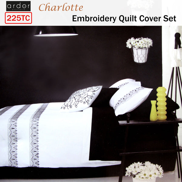 Ardor Charlotte 225TC Embroidered Quilt Doona Duvet Cover Set Black White Queen