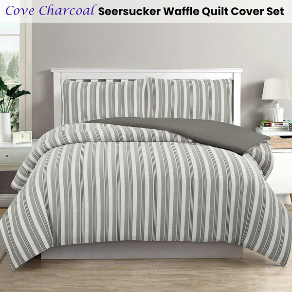 Ardor Cove Charcoal Seersucker Waffle Quilt Doona Duvet Cover Set King