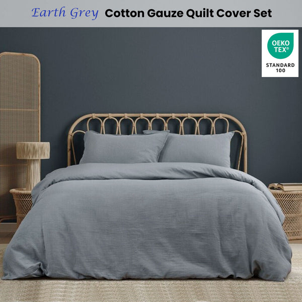 Ardor Earth Grey Cotton Gauze Quilt Doona Duvet Cover Set Queen