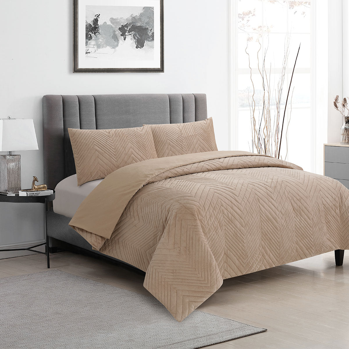 Ardor Hana Champagne Embossed Velvet Quilt Doona Duvet Cover Set King