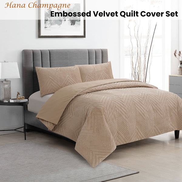 Ardor Hana Champagne Embossed Velvet Quilt Doona Duvet Cover Set King